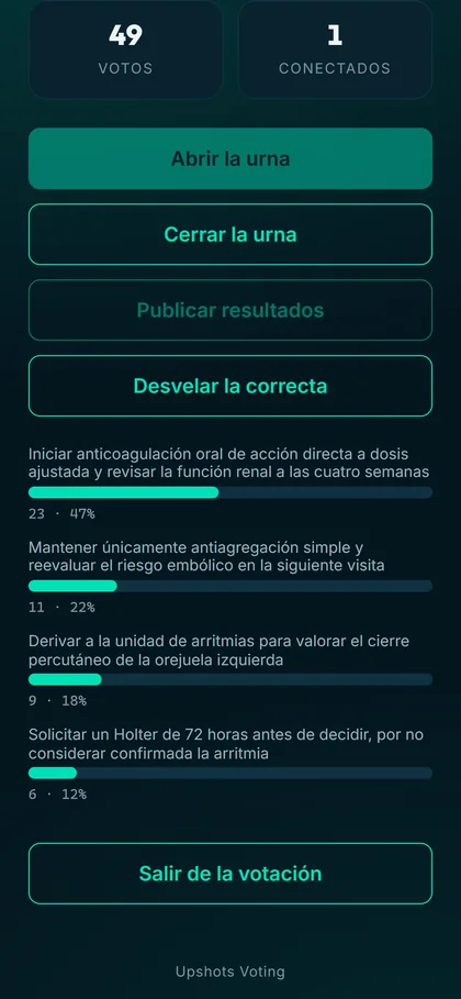 Mando del ponente en el móvil, con los contadores de votos y conectados.