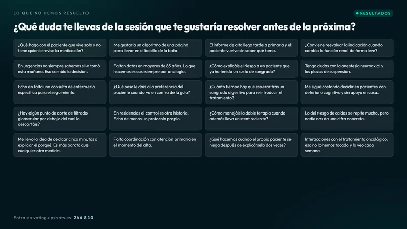 Muro con las respuestas escritas por la sala en tarjetas.